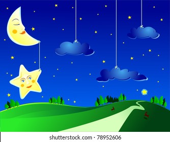 Surreal landscape by night, vector