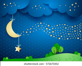 Surreal landscape by night with wave of stars. Vector illustration 