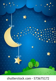 Surreal landscape by night with wave of stars. Vector illustration 