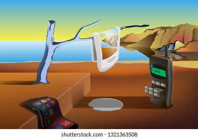 Surreal landscape
Cell phones on a sunny, sea beach. Illustration, vector. EPS-10.