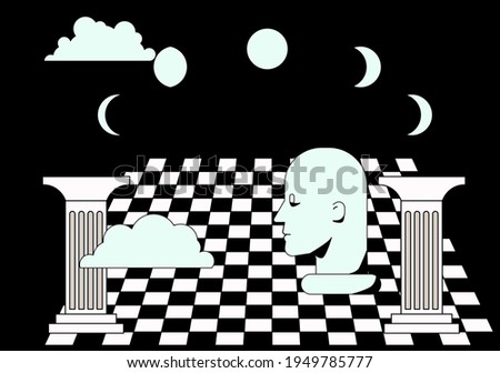 A surreal landscape with a checkered floor, ancient Roman columns and sculpture.