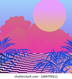 Surreal landscape with chessboard floor and palms. Vaporwave and retrowave style illustration, aesthetics of 90s.