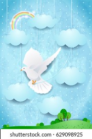 Surreal landscape with dove and hanging clouds. Vector illustration 