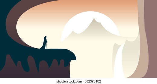 Surreal landscape editable vector. Mysterious cloaked figure standing on the edge of a cliff in majestic landscape with mountains in the distance at sunset