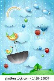 Surreal landscape with flying umbrella and fishes. Vector illustration eps10
