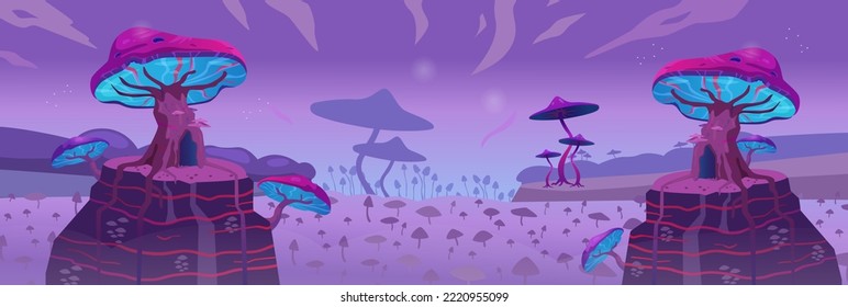 Surreal landscape with glowing magic mushrooms. Gaming fantasy background. 