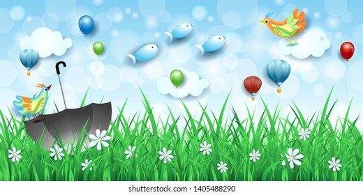 Surreal landscape with grass, umbrella and flying fishes. Vector illustration eps10