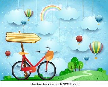 Surreal landscape with hanging clouds, arrow sign and bike. Vector illustration eps10