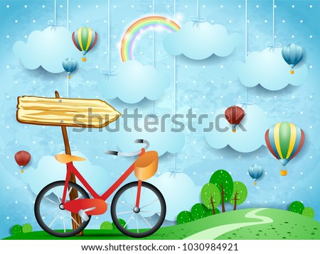 Surreal landscape with hanging clouds, arrow sign and bike. Vector illustration eps10