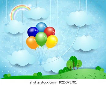 Surreal landscape with hanging clouds and balloons. Vector illustration eps10