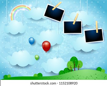 Surreal landscape with hanging clouds, balloons and photo frames. Vector illustration eps10