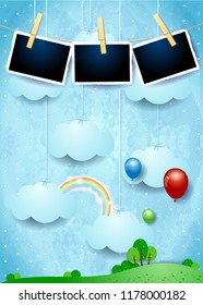 Surreal landscape with hanging clouds, balloons and photo frames. Vector illustration eps10