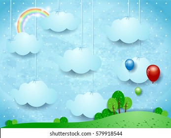 Surreal landscape with hanging clouds and balloons. Vector illustration