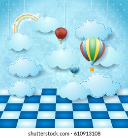 Surreal landscape with hanging clouds, balloons and floor. Vector illustration