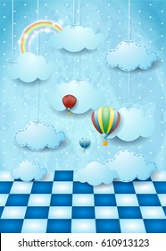 Surreal landscape with hanging clouds, balloons and floor. Vector illustration