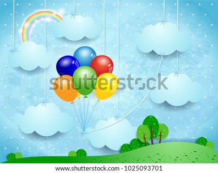 Surreal landscape with hanging clouds and balloons. Vector illustration eps10