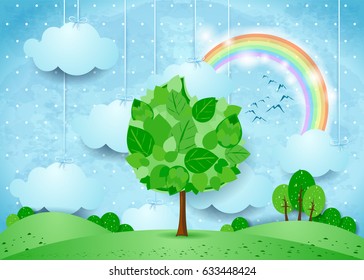 Surreal landscape with hanging clouds and big tree. Vector illustration 