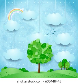 Surreal landscape with hanging clouds and big tree. Vector illustration 