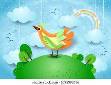 Surreal landscape with hanging clouds and colorful bird. Vector illustration eps10