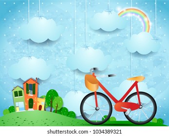 Surreal landscape with hanging clouds, homes and bike. Vector illustration eps10