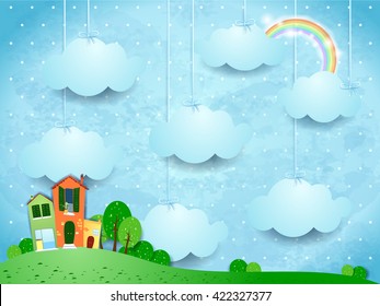 Surreal landscape with hanging clouds and homes. Vector illustration 