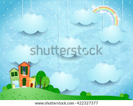 Surreal landscape with hanging clouds and homes. Vector illustration 