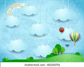 Surreal landscape with hanging clouds and hot air balloons. Vector illustration 