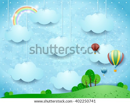 Surreal landscape with hanging clouds and hot air balloons. Vector illustration 