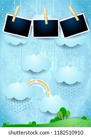 Surreal landscape with hanging clouds, rain and photo frames. Vector illustration eps10