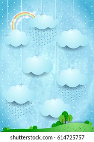 Surreal landscape with hanging clouds and rain. Vector illustration 