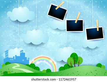 Surreal landscape with hanging clouds, small city and photo frames. Vector illustration eps10