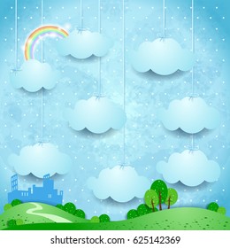 Surreal landscape with hanging clouds and small city. Vector illustration 