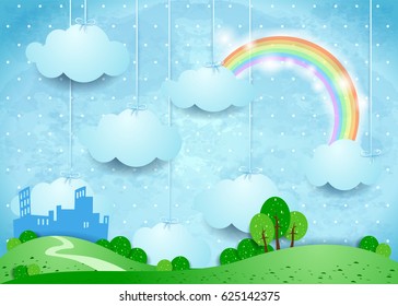 Surreal landscape with hanging clouds and small city. Vector illustration