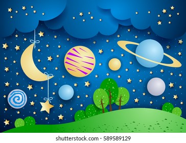 Surreal landscape with hanging moon and planets. Vector illustration