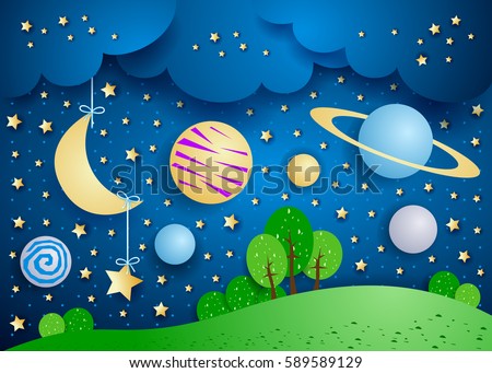 Surreal landscape with hanging moon and planets. Vector illustration
