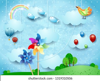 Surreal landscape with hanging pinwheels, balloons, birds and flying fishes. Vector illustration eps10