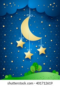 Surreal landscape with hanging stars, vector illustration 