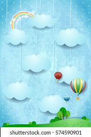 Surreal landscape with hot air balloons and hanging clouds. Vector illustration 