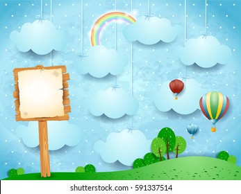 Surreal landscape with hot air balloons and wooden sign. Vector illustration 