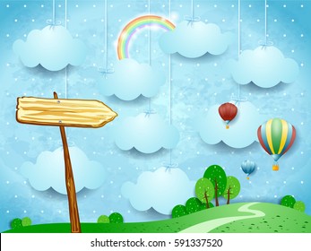 Surreal landscape with hot air balloons and arrow sign. Vector illustration 