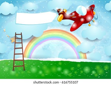 Surreal landscape with ladder, airplane and banner. Vector illustration 
