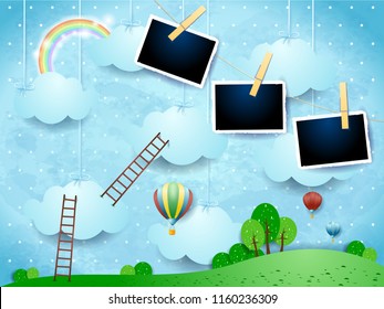 Surreal landscape with ladders, balloons and photo frames. Vector illustration eps10