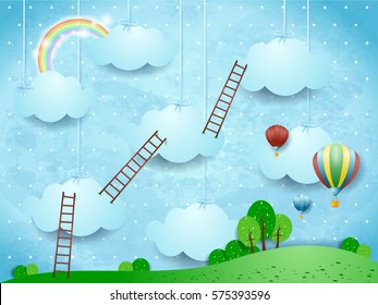 Paisaje surrealista con escaleras y globos de aire caliente. Ilustración del vector