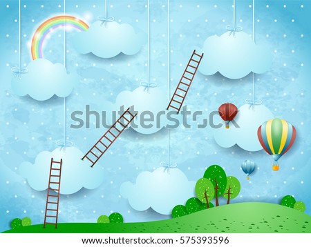 Surreal landscape with ladders and hot air balloons. Vector illustration 