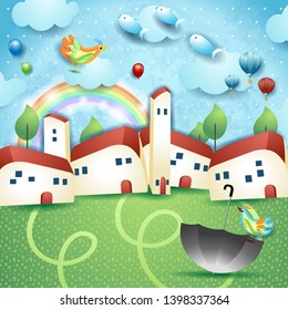Surreal landscape with little town, umbrella and flying fishes. Vector illustration eps10