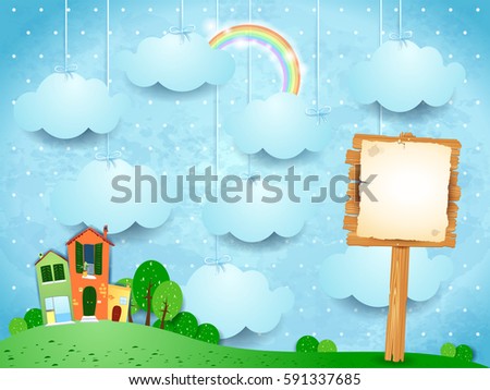 Surreal landscape with little town and wooden sign. Vector illustration