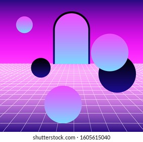 Surreal landscape with neon laser grid and arch. Disco retrofuturistic background in vaporwave and retrowave 80s-90s style.