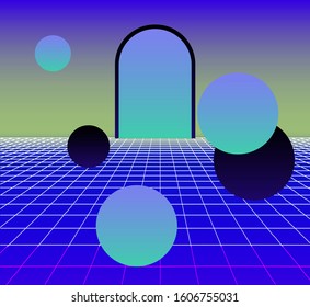 Surreal Landscape With Neon Laser Grid, Arch And Floating Spheres In Zero Gravity. Disco Retrofuturistic Background In Vaporwave And Retrowave 80s-90s Style.