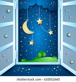 Surreal landscape with open window, vector illustration 