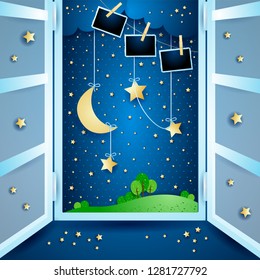 Surreal landscape with open windows and photo frames. Vector illustration eps10